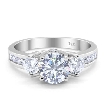 14K White Gold Three Stone Wedding Ring Simulated Cubic Zirconia Size-7